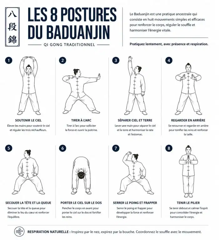 Illustration des 8 postures du Qi Gong Baduanjin pour la santé et la relaxation