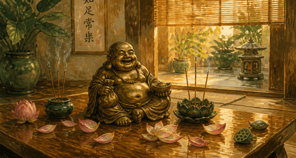 bouddha rieur sur table basse avec encens
