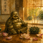 bouddha rieur sur table basse avec encens
