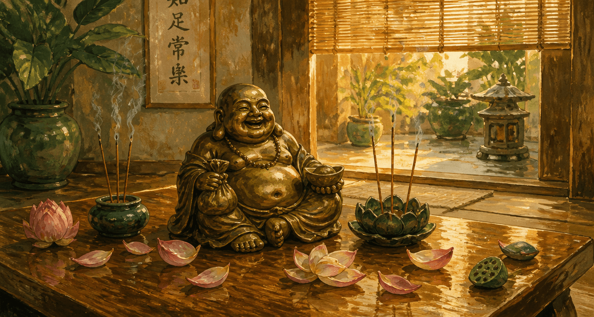 bouddha rieur sur table basse avec encens
