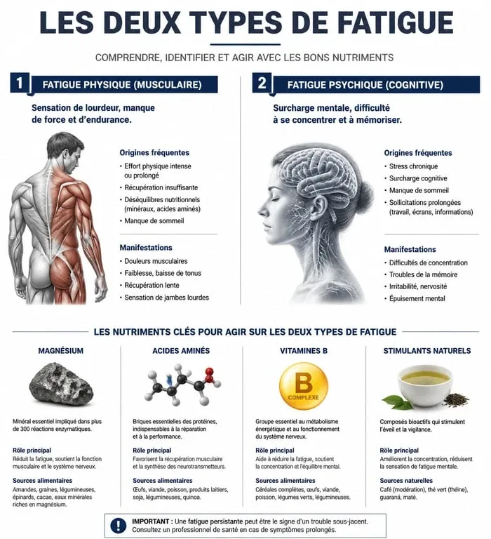 Infographie sur les médicaments et compléments contre la fatigue physique et psychique