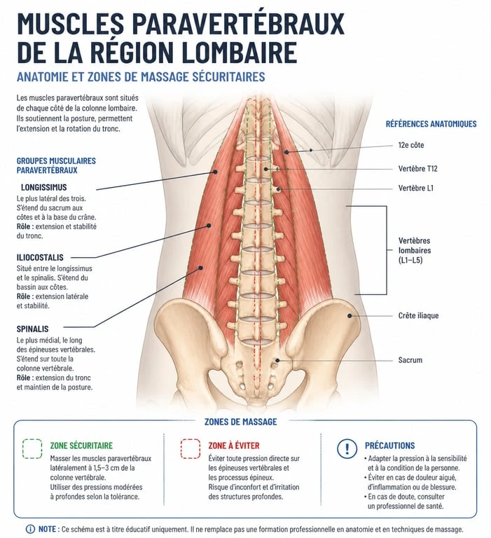 Schéma anatomique des muscles paravertébraux pour un massage du bas du dos sécurisé