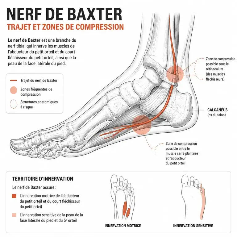 Schéma anatomique du trajet du nerf de Baxter et zones de douleur nerf plantaire latéral