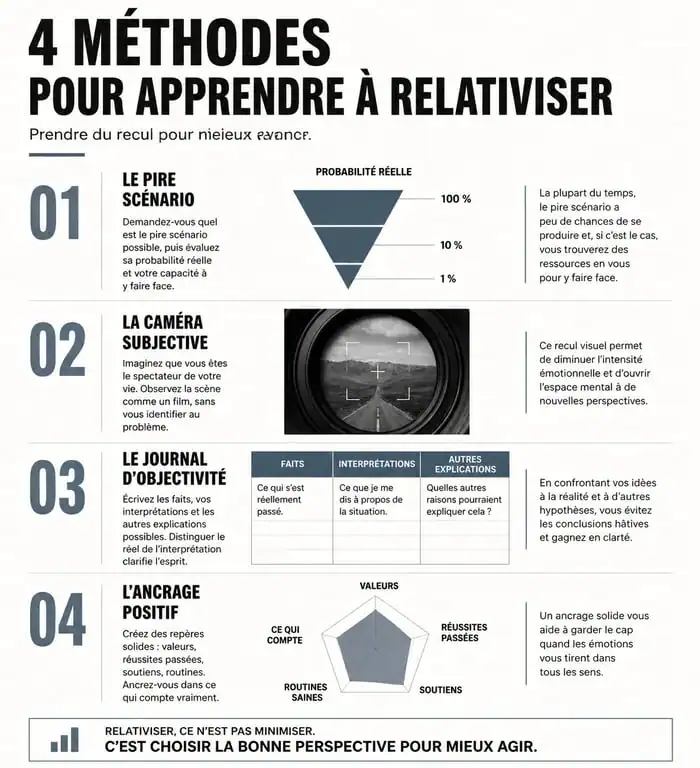 Infographie des techniques pour apprendre à relativiser et gérer ses émotions au quotidien