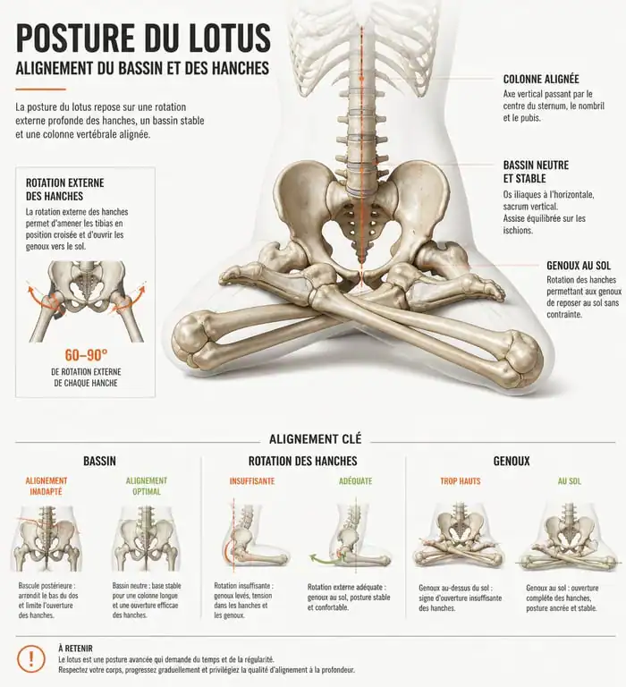 Schéma anatomique de la posture du lotus Padmasana pour une pratique sécurisée