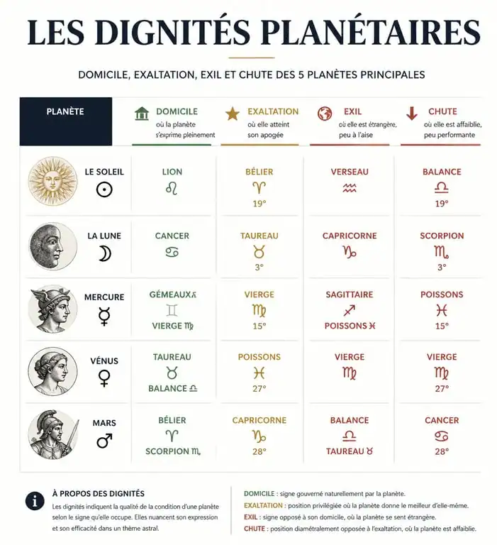 Tableau récapitulatif des dignités planétaires en astrologie : domicile, exaltation, exil et chute