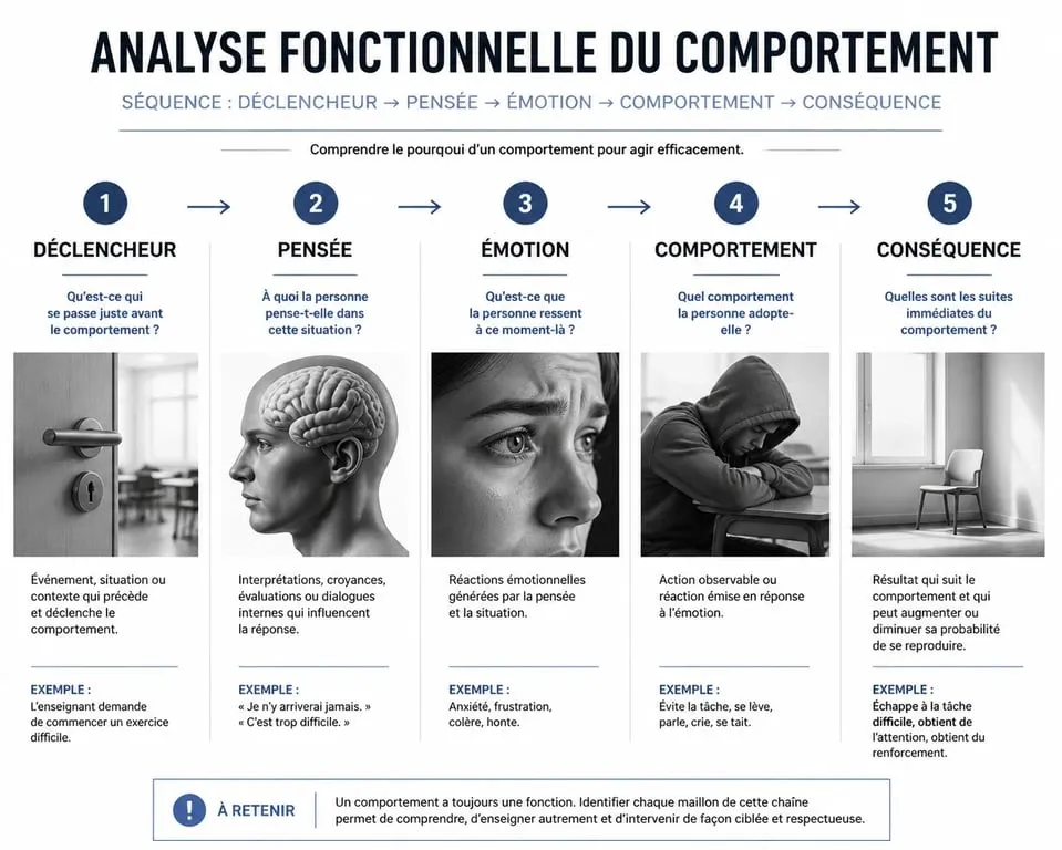 Schéma d'analyse fonctionnelle en psychologie comportementale illustrant le lien entre déclencheur, pensée, émotion et comportement.