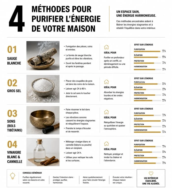 Infographie des méthodes naturelles pour purifier sa maison des mauvaises ondes et énergies négatives