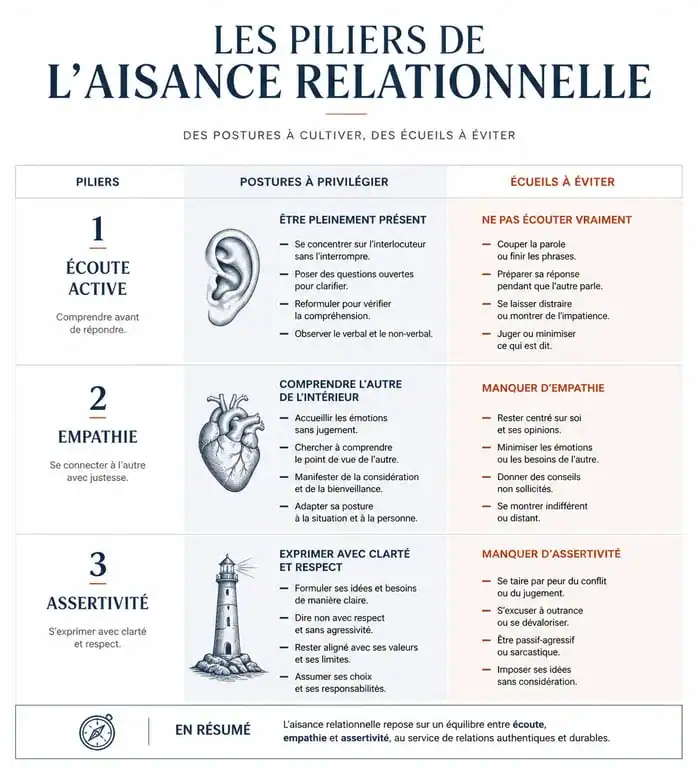 Infographie résumant les clés de l'aisance relationnelle et les bonnes pratiques de communication interpersonnelle