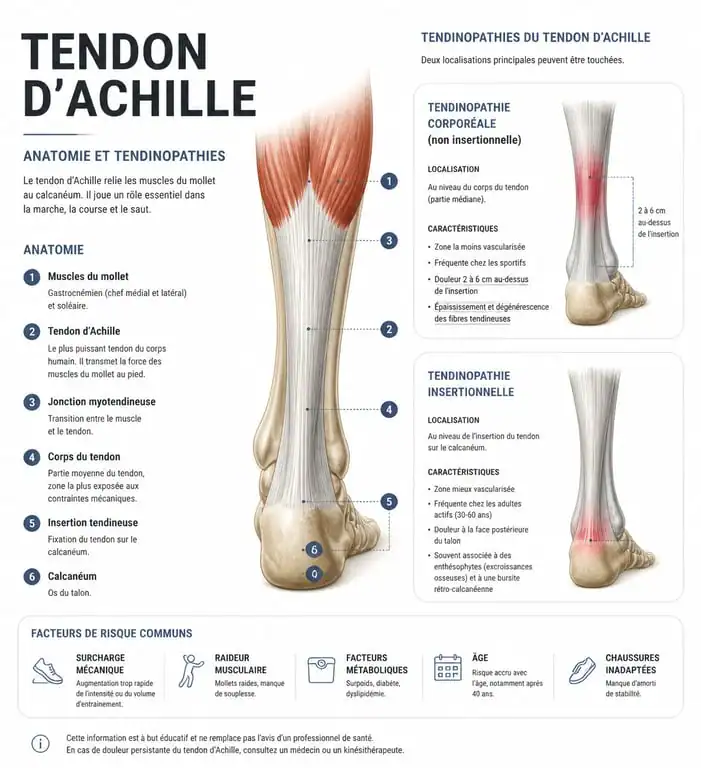 Schéma anatomique des douleurs au tendon d'Achille : tendinopathie corporéale vs insertionnelle