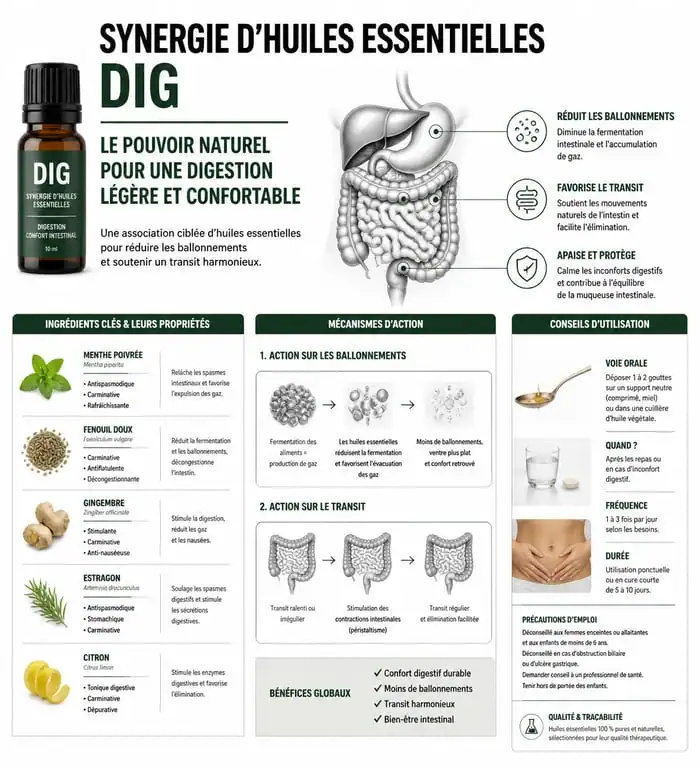 Infographie des bienfaits de l'huile essentielle DIG pour la digestion et les troubles intestinaux