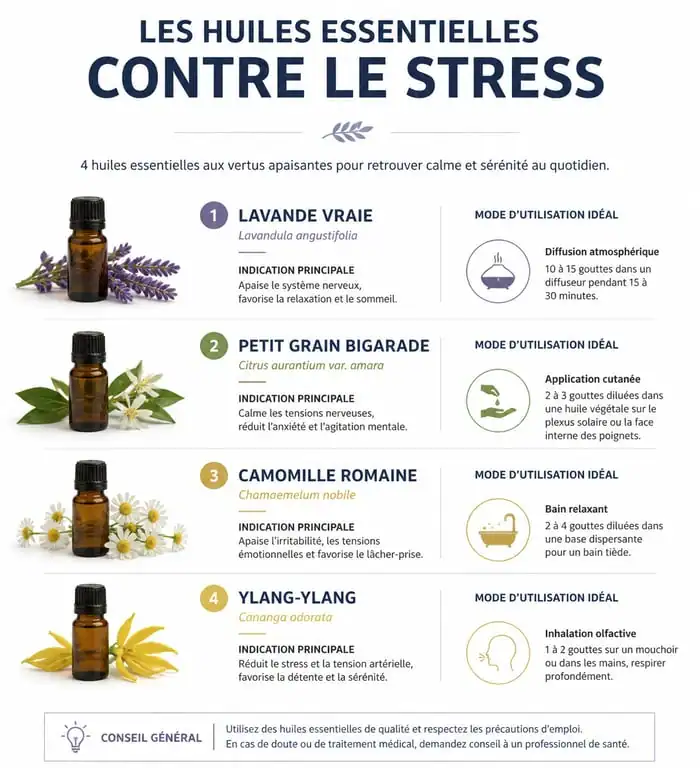 Infographie des huiles essentielles pour le stress et l'anxiété : guide des bienfaits et utilisations