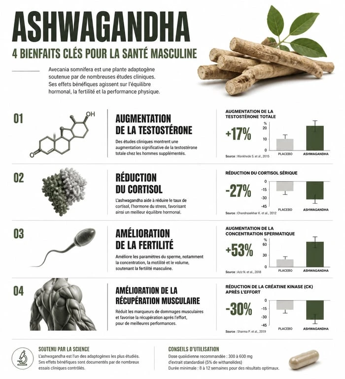 Infographie des bienfaits de l'ashwagandha pour les hommes : testostérone, stress et sport
