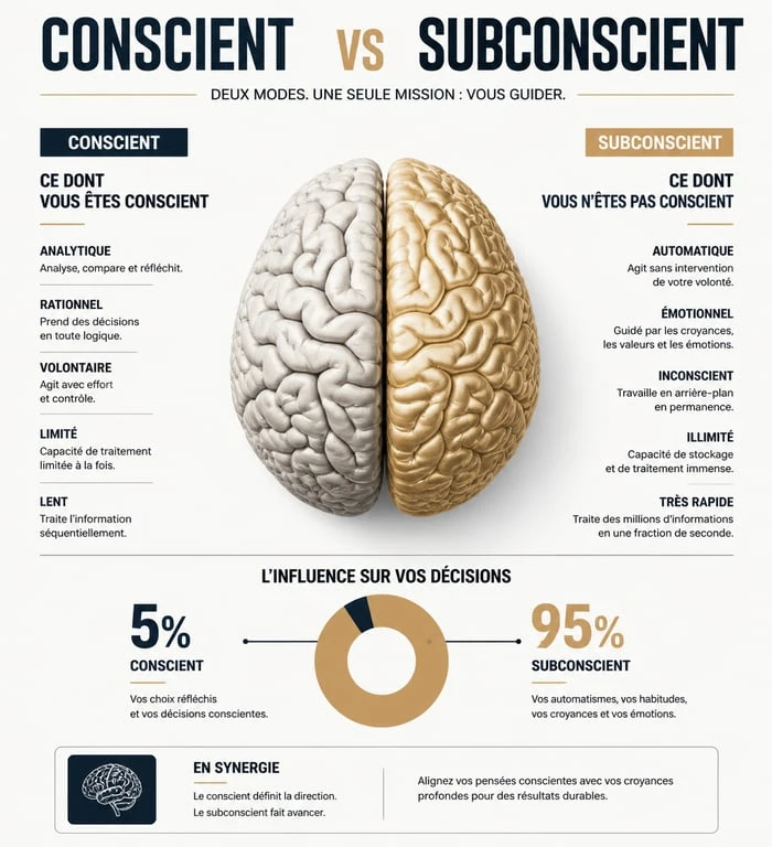 Infographie comparative entre le conscient et le subconscient : capacités de traitement et fonctionnement
