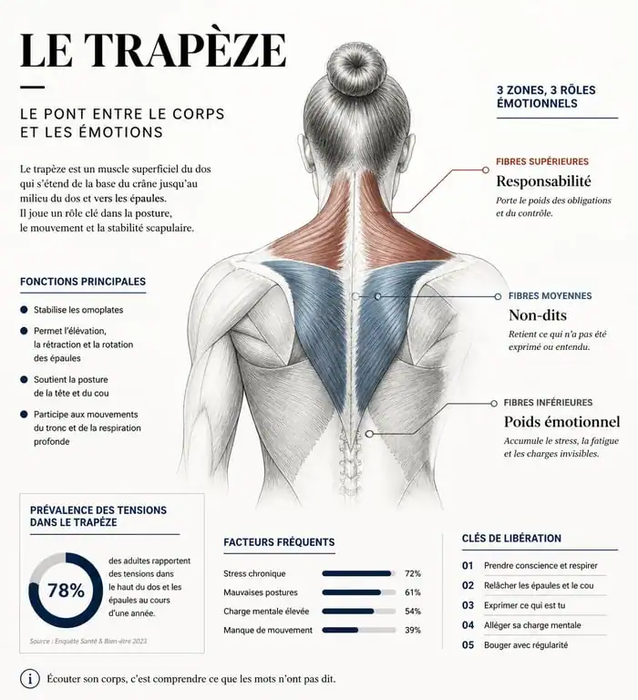 Schéma anatomique et symbolique de la douleur au trapèze et sa signification spirituelle