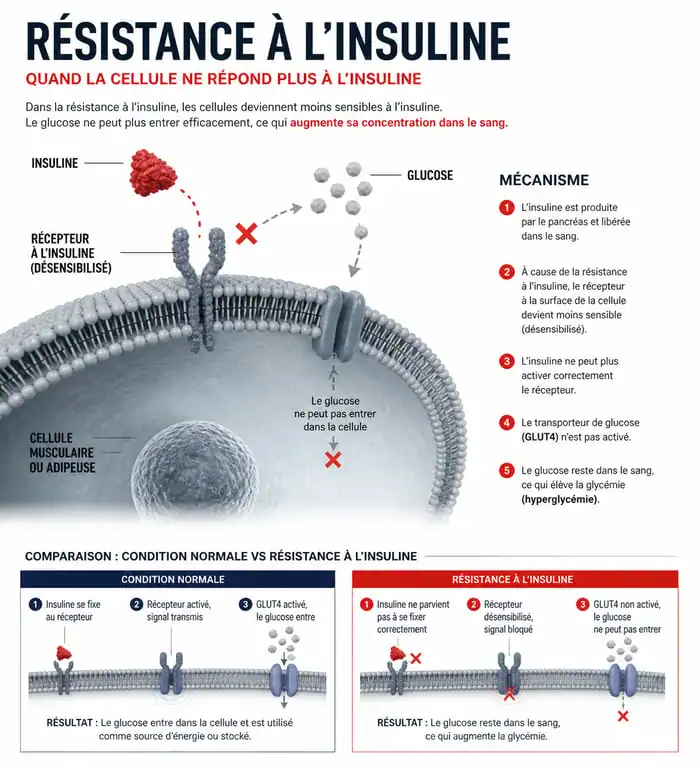 Schéma explicatif du mécanisme de la résistance à l'insuline et de son impact sur la glycémie