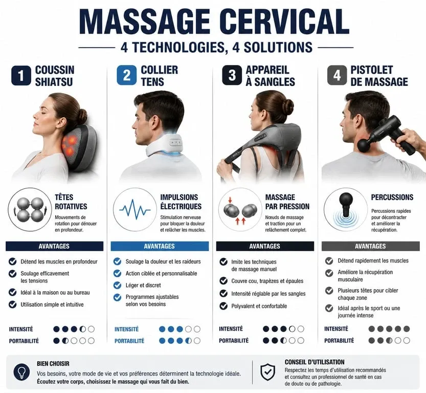 Infographie comparative des différents types d'appareil de massage cervical pour choisir le modèle adapté à ses besoins