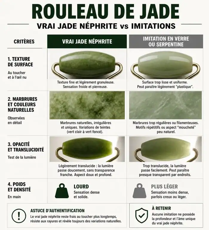 Infographie comparative pour identifier un vrai rouleau de jade vs imitation