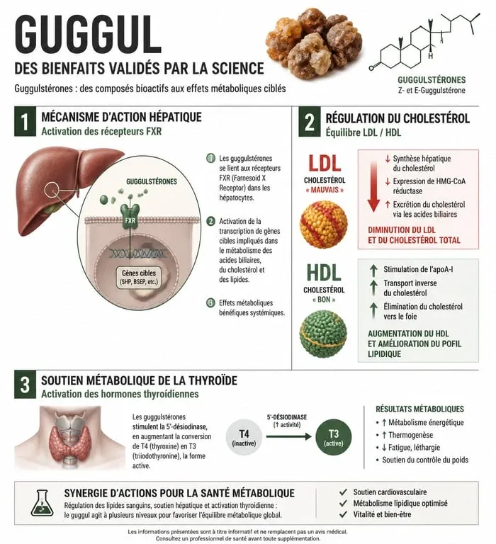 Infographie sur les bienfaits du guggul et son mécanisme d'action sur le métabolisme lipidique