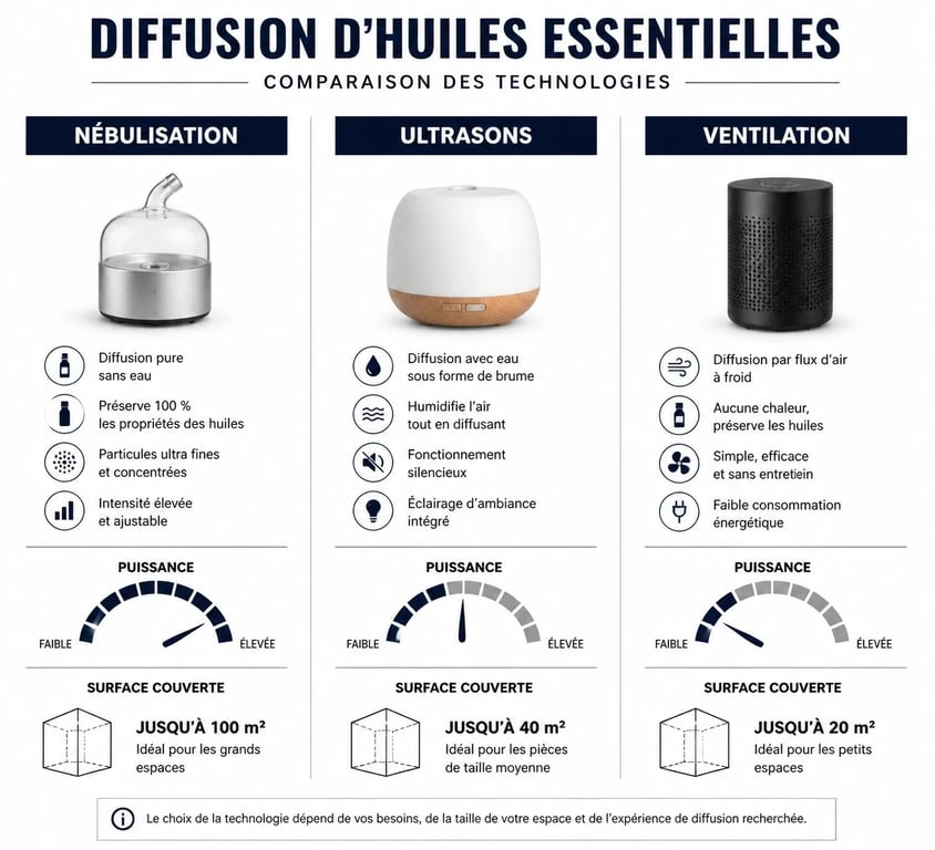 Infographie comparative des technologies de diffuseur d'huiles essentielles sans fil : nébulisation, ultrasons et ventilation pour choisir le meilleur modèle.