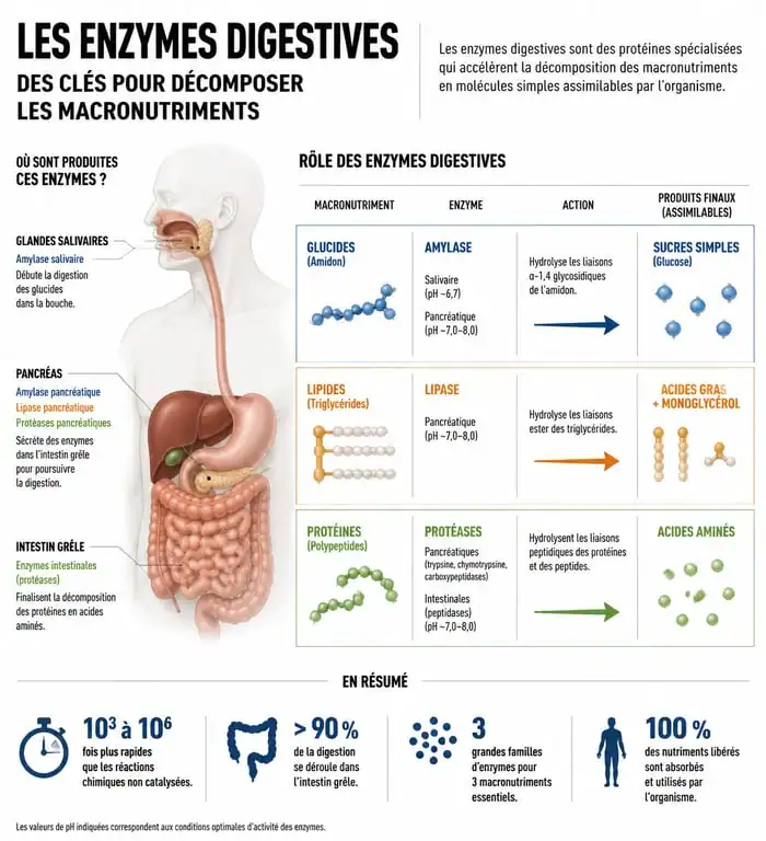 Infographie sur le rôle des enzymes digestives dans la décomposition des nutriments