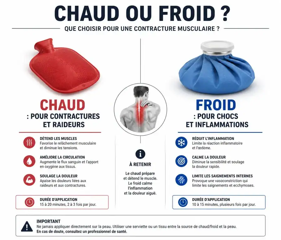 Infographie comparative : quand utiliser le chaud ou le froid sur une contracture musculaire