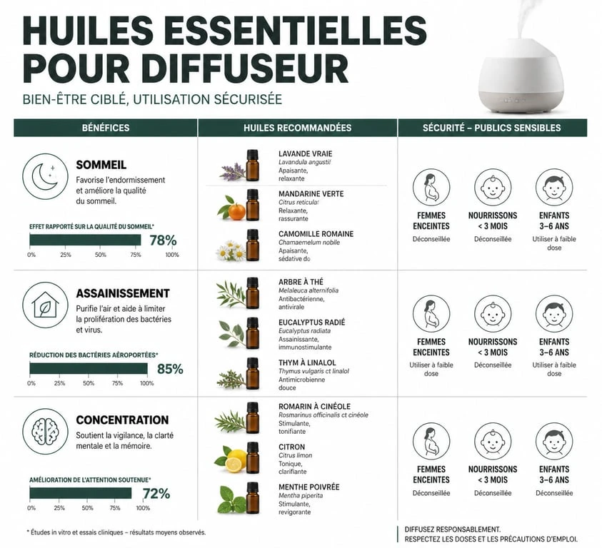 Infographie sur les huiles essentielles pour diffuseur : propriétés et précautions d'usage
