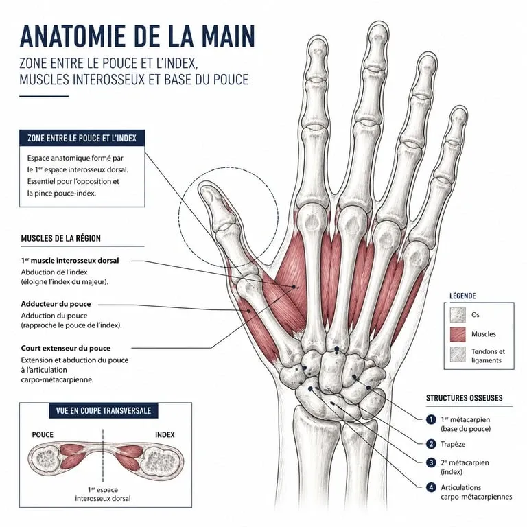 Schéma anatomique de la main localisant la douleur entre le pouce et l'index