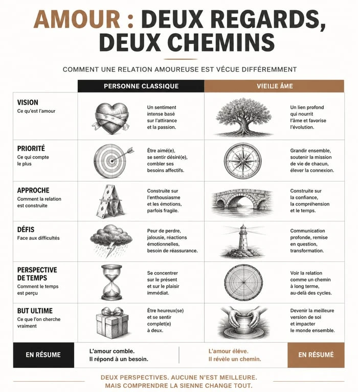 Infographie comparant la vision de l'amour entre une personne classique et une vieille âme pour mieux comprendre les relations amoureuses.