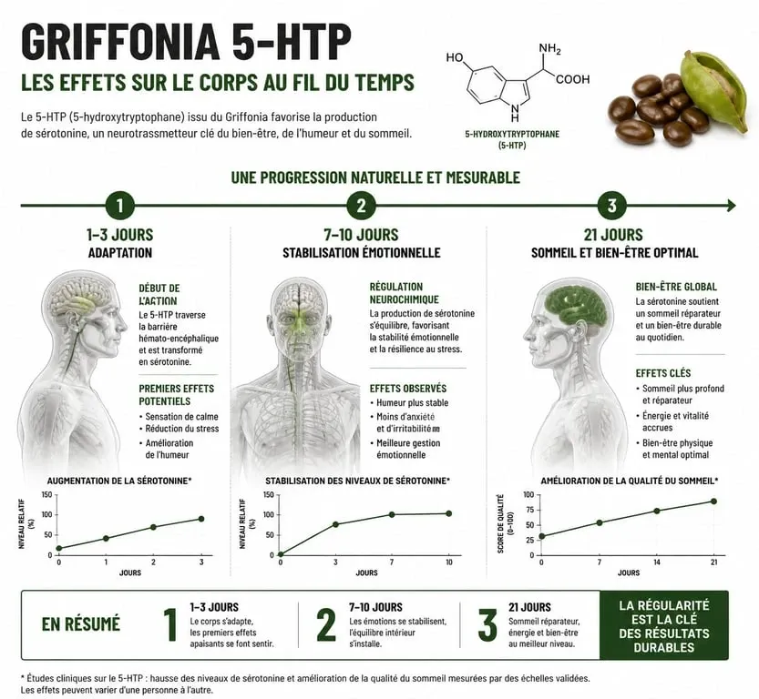 Infographie sur les effets du Griffonia simplicifolia et le délai d'action du 5-HTP sur l'humeur et le sommeil