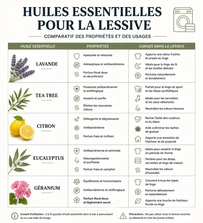 Tableau comparatif des huiles essentielles pour lessive maison : propriétés et usages