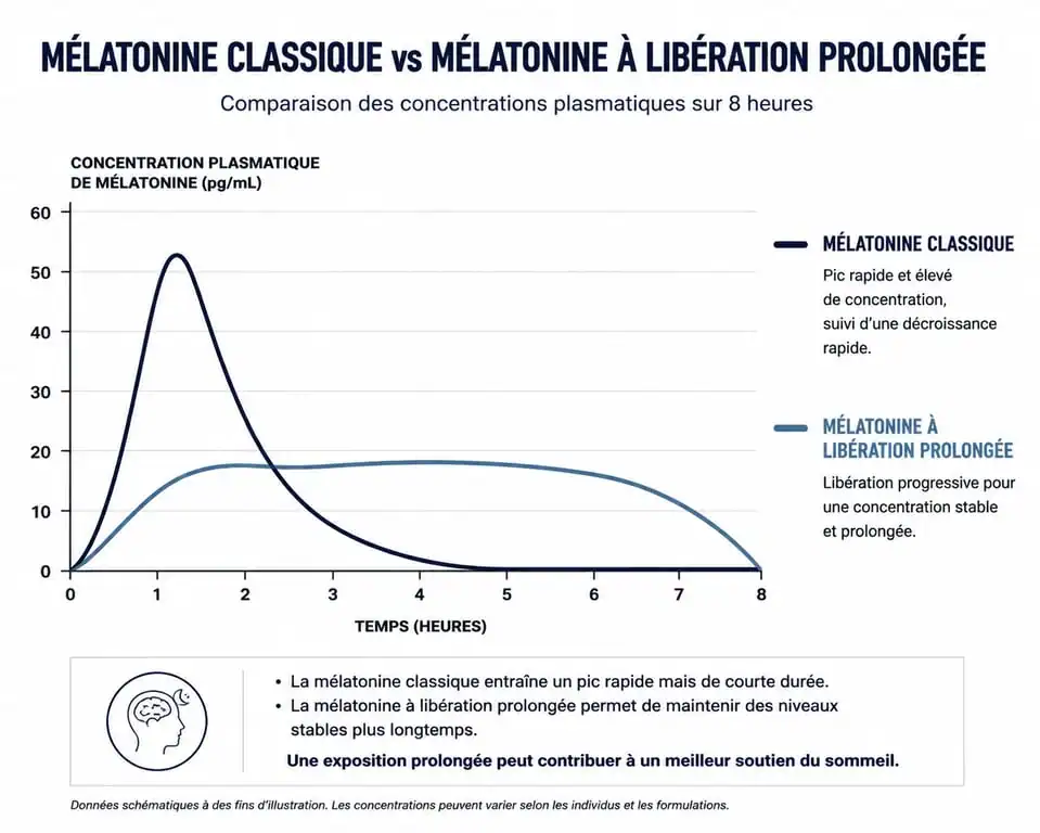 Comparaison graphique de l'efficacité de la mélatonine à libération prolongée versus mélatonine classique sur la durée du sommeil
