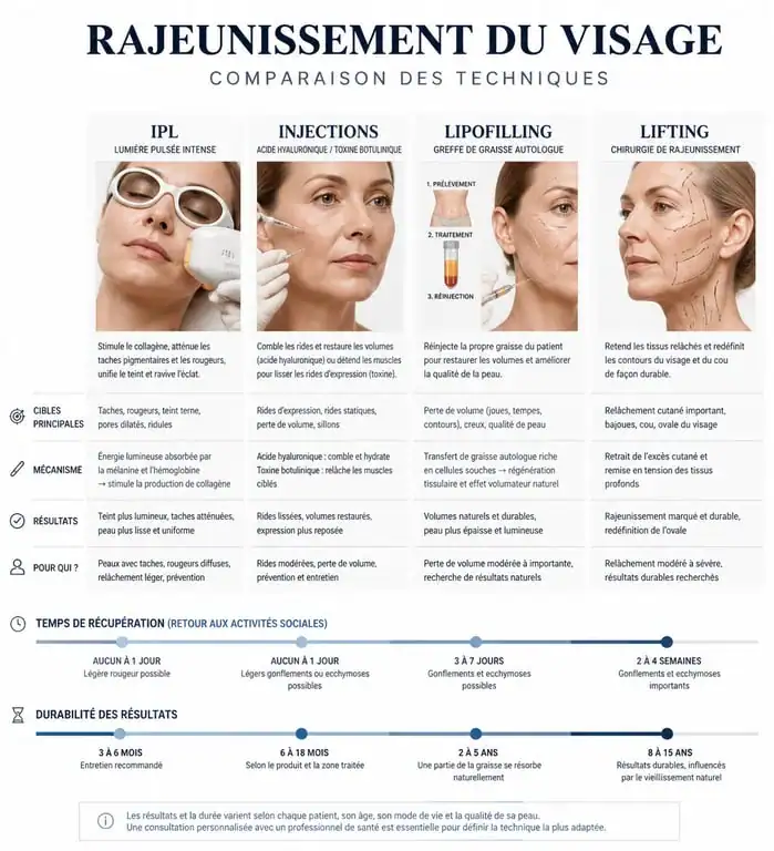 Infographie comparative des techniques de rajeunissement du visage avant après