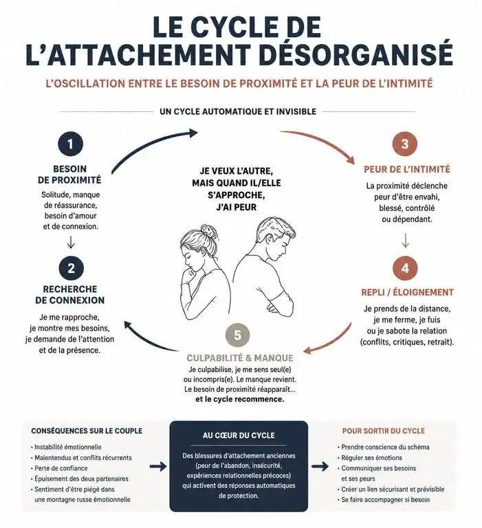 Schéma illustrant le cycle de l'attachement désorganisé dans le couple : entre besoin de fusion et peur de l'intimité.
