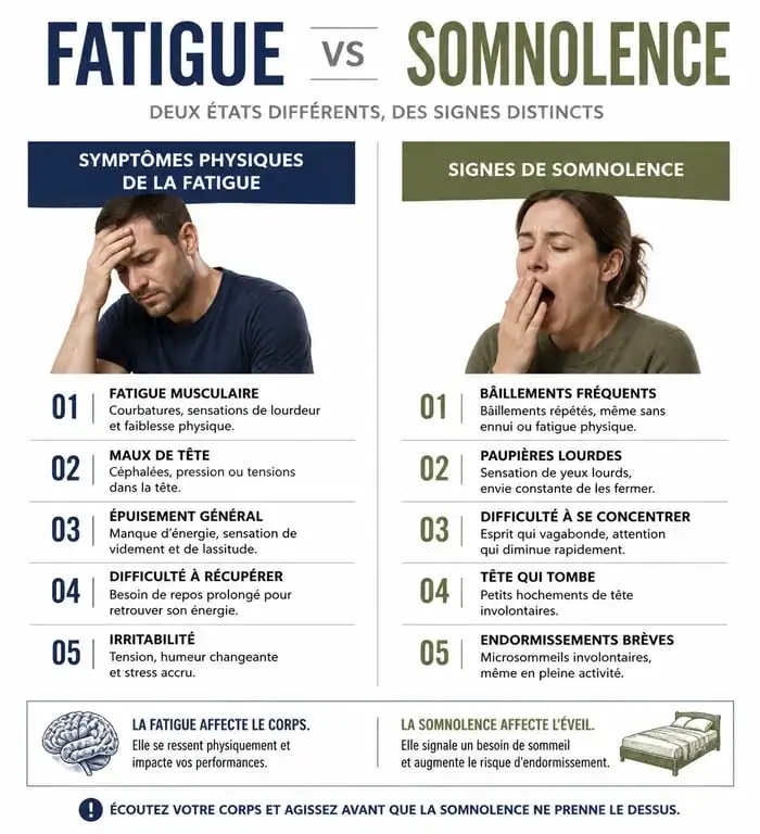 Infographie comparant fatigue et somnolence pour mieux comprendre pourquoi on n'arrive pas à dormir