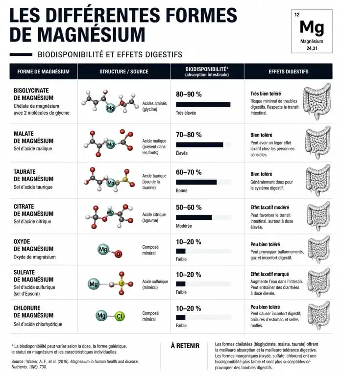 Infographie comparative des formes de magnésium et leur biodisponibilité pour la supplémentation