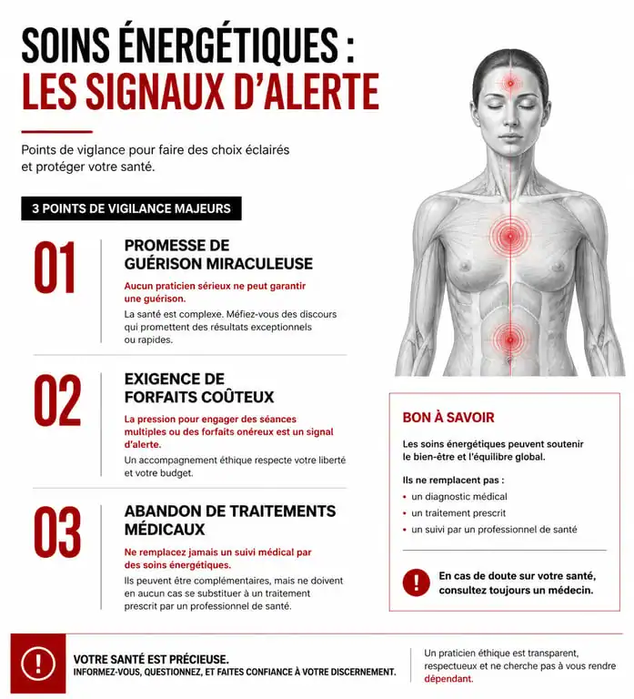 Infographie des signaux d'alerte et dangers des soins énergétiques pour identifier un praticien fiable
