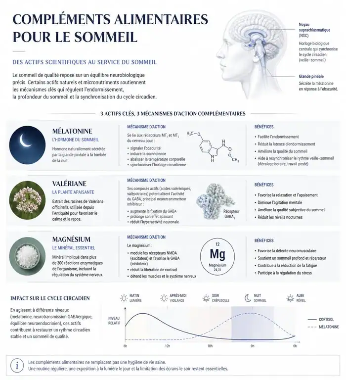 Infographie sur les compléments alimentaires pour dormir et leurs bienfaits sur la santé