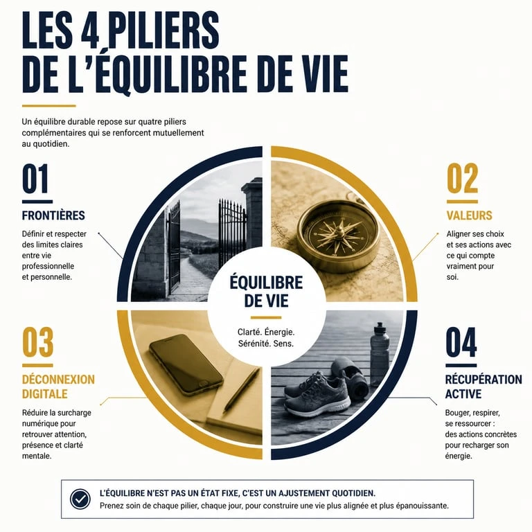Infographie sur les 4 piliers de l'équilibre de vie pour une meilleure harmonie entre travail et vie personnelle