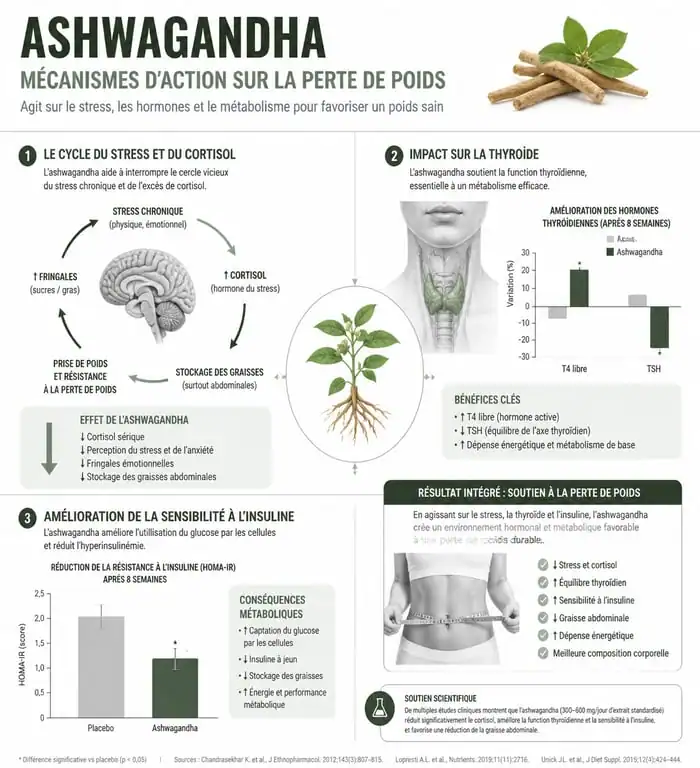 Infographie des mécanismes d'action de l'ashwagandha sur la perte de poids et la gestion du cortisol