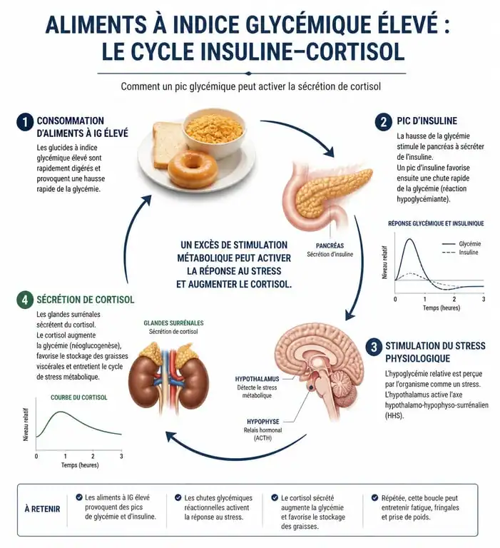 Infographie sur le lien entre alimentation et cortisol pour réduire le stress