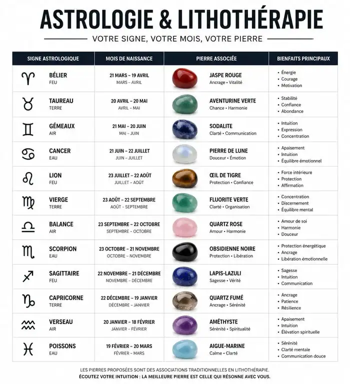 Infographie des pierres de lithothérapie par signe astrologique et mois de naissance pour savoir quelle pierre me correspond