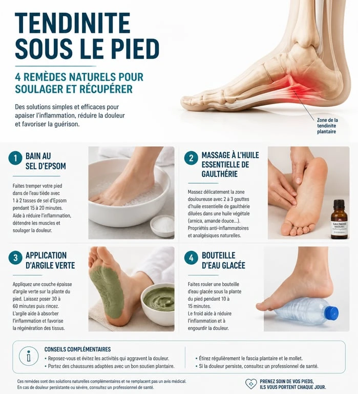 Infographie des remèdes naturels pour soulager une tendinite sous le pied