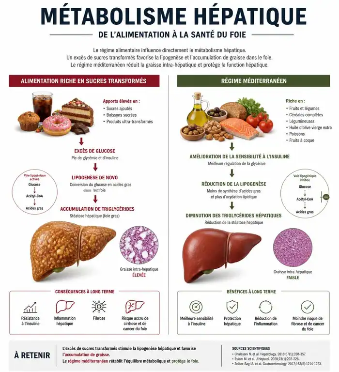 Infographie sur les mécanismes de la stéatose hépatique et les solutions alimentaires pour éliminer la graisse du foie
