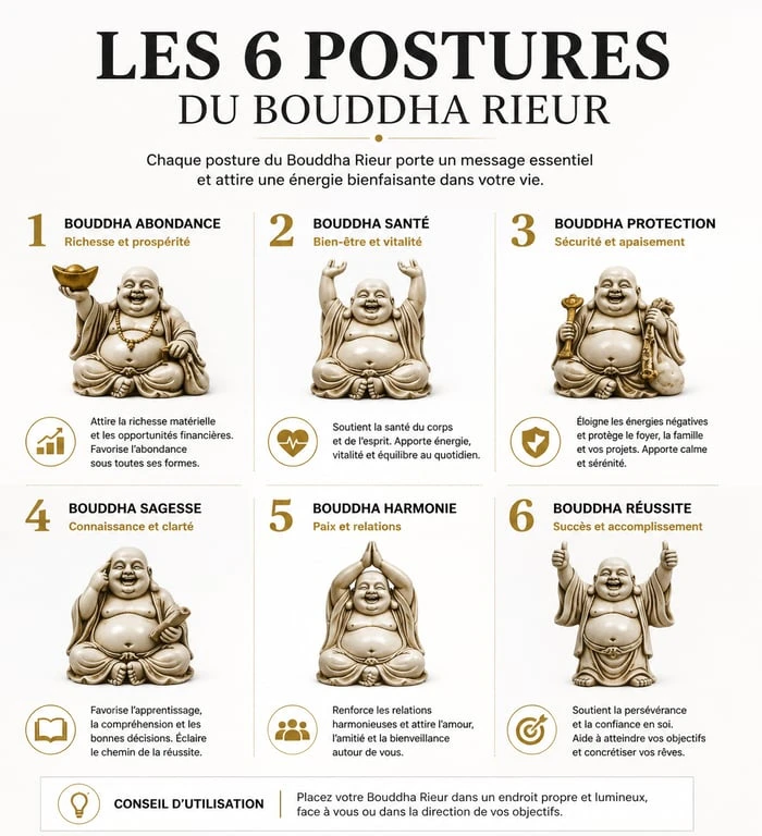 Infographie des 6 postures et significations du Bouddha rieur pour la décoration et le Feng Shui