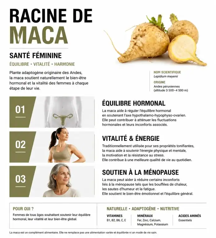 Infographie des bienfaits de la maca pour la femme : équilibre hormonal et vitalité