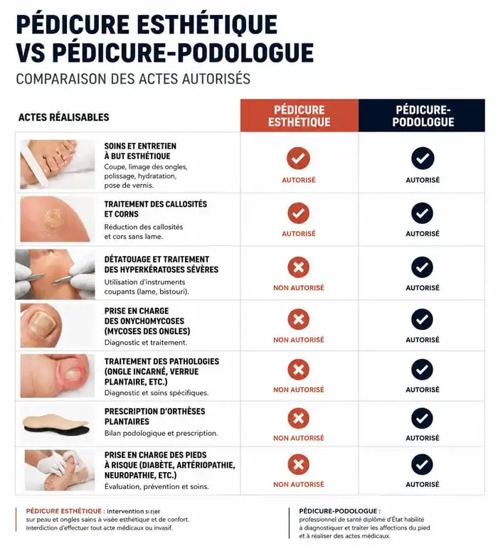 Infographie comparative des actes autorisés en pédicurie esthétique et pédicurie-podologie