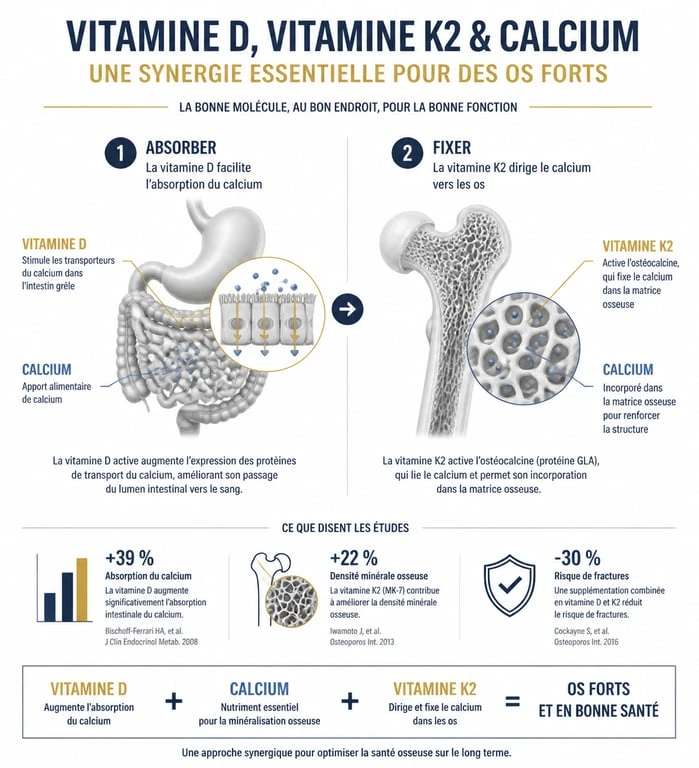 Infographie sur le rôle des vitamines D et K2 dans la santé des os et articulations