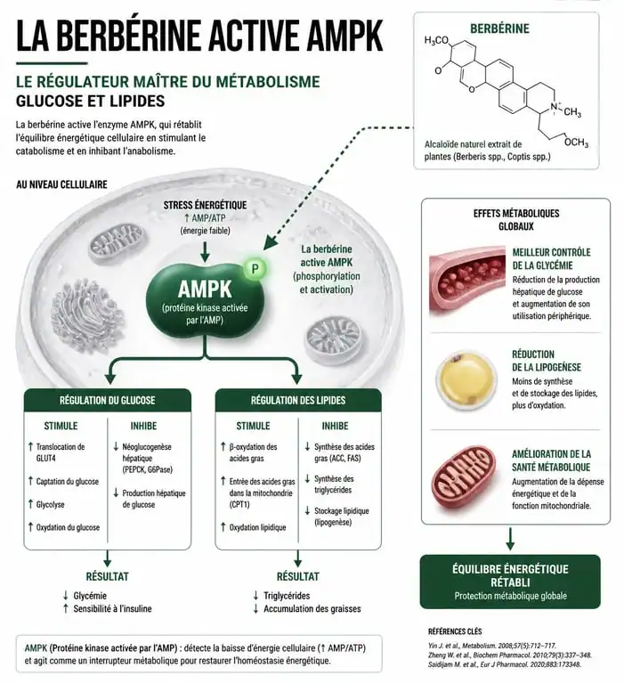 Infographie sur le mécanisme d'action de la berbérine pour la perte de poids et la régulation métabolique