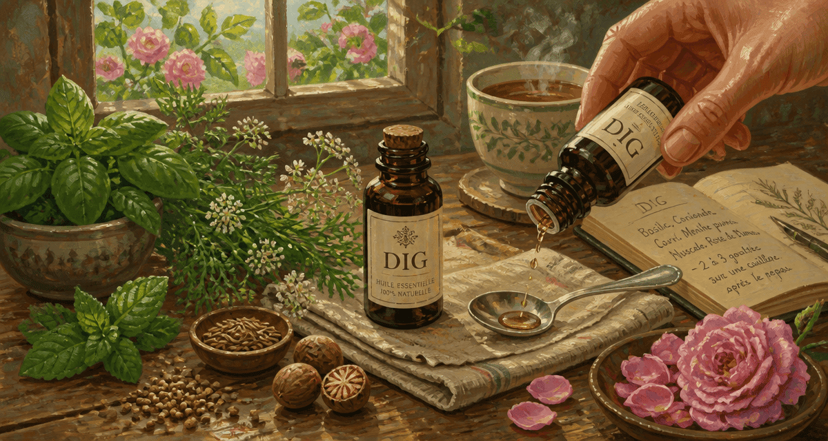 huile essentielle dig bienfaits flacon et plantes